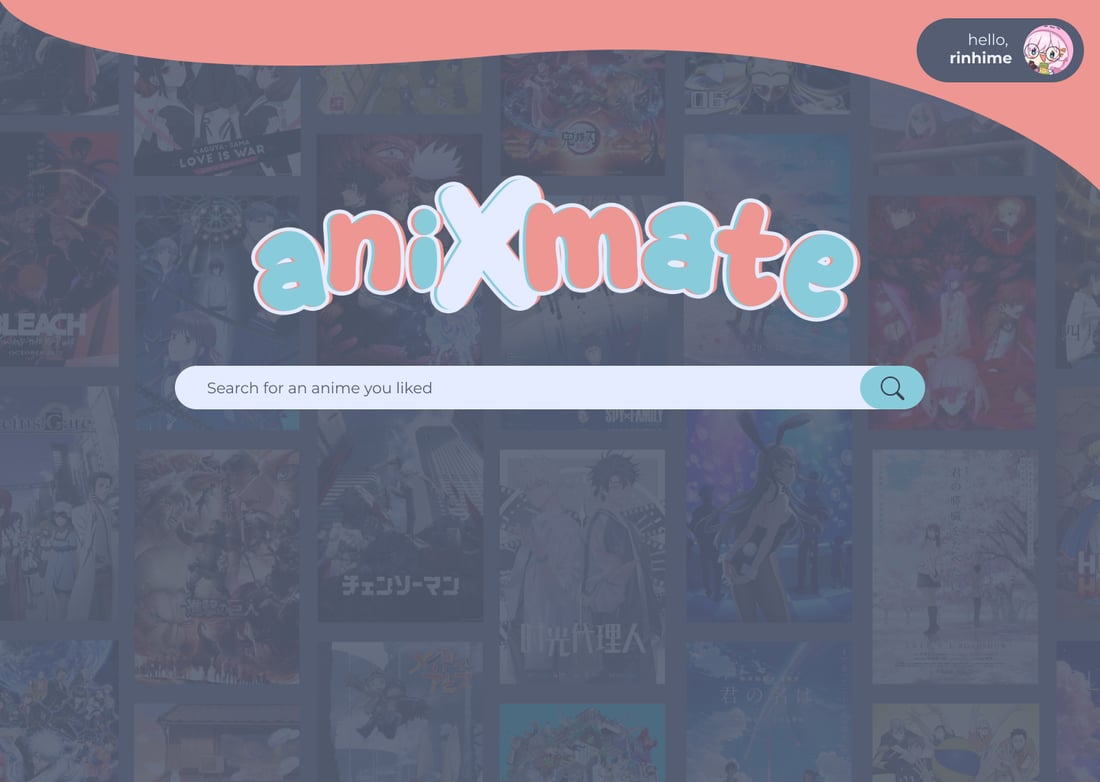 aniXmate landing screen — the bubbly aniXmate logo over a dimmed grid of anime posters, with a search bar reading 'Search for an anime you liked'