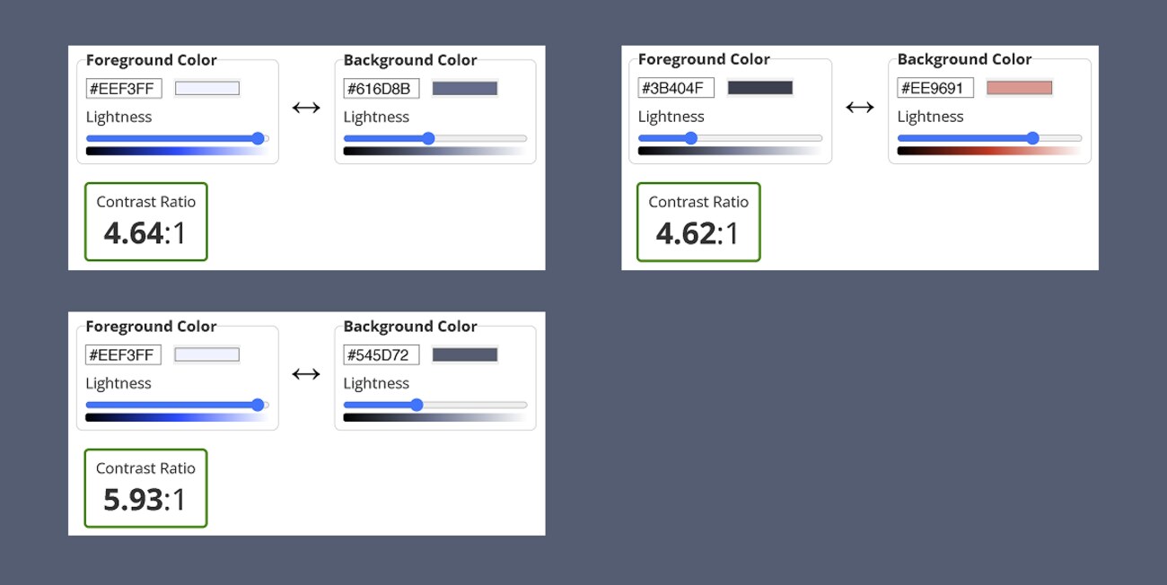 Three contrast-checker cards pairing aniXmate's text and background colors, each passing with ratios of 4.6:1 and up