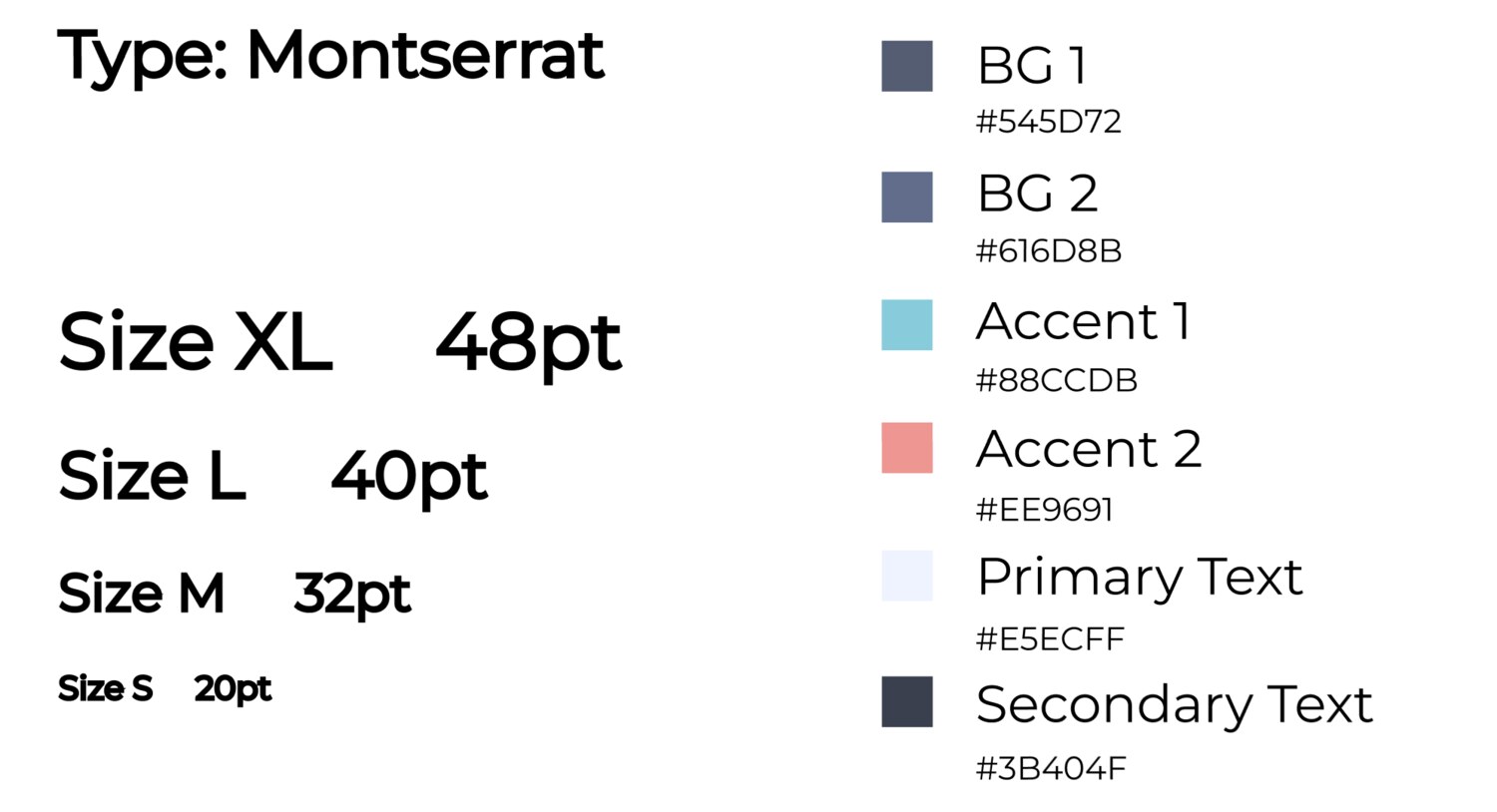 aniXmate design system — Montserrat type scale (sizes XL through S) alongside a labeled color palette with hex values for backgrounds, accents, and text