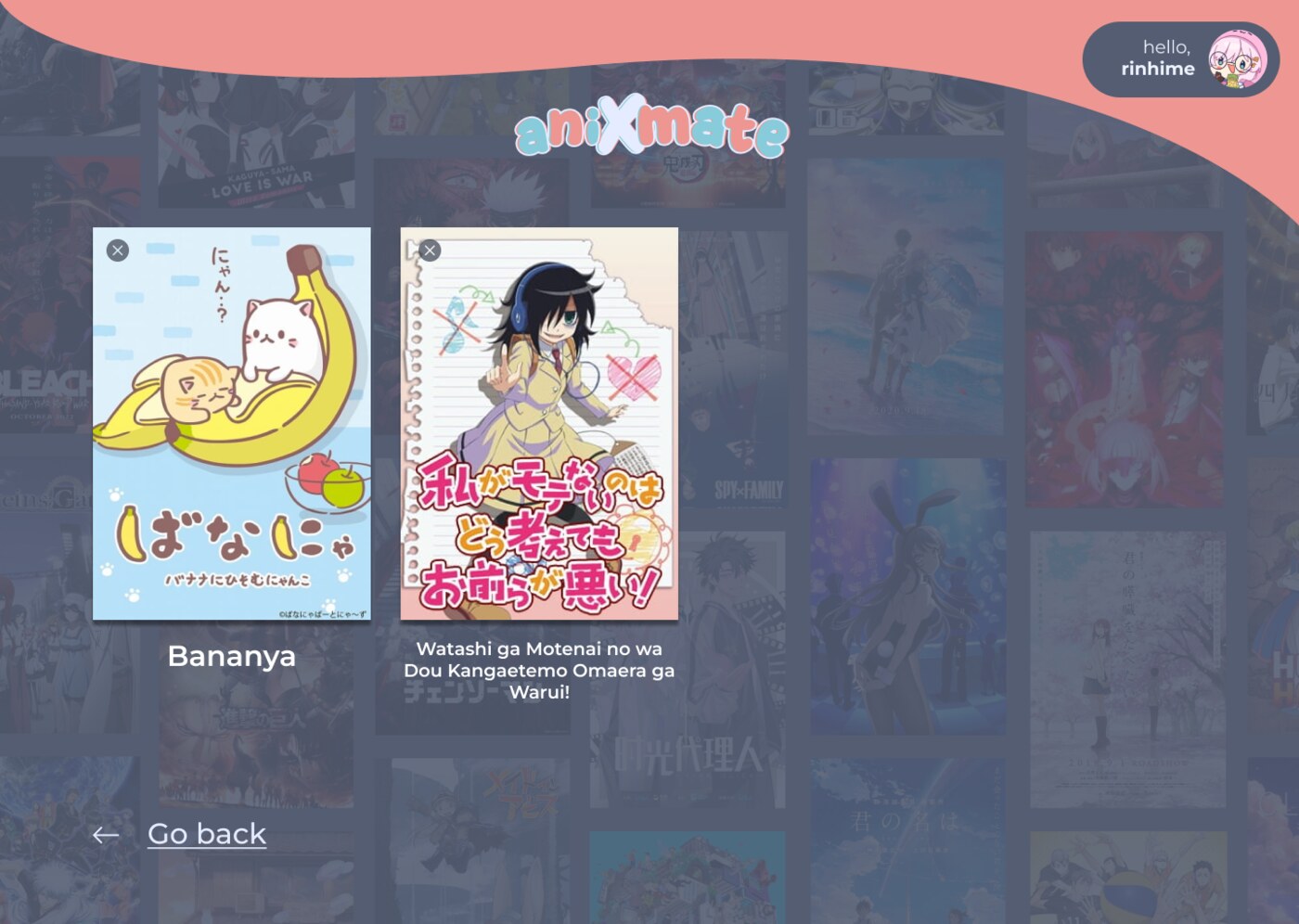 aniXmate saved screen — a grid of the anime the user swiped right on, each with its title and a remove button