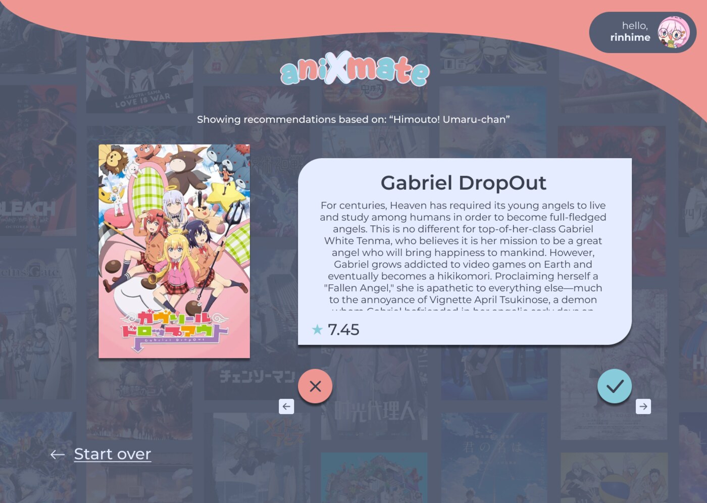 aniXmate recommendation screen — a single anime (Gabriel DropOut) shown as a card with its poster, synopsis, and score, plus a coral skip button and a teal save button