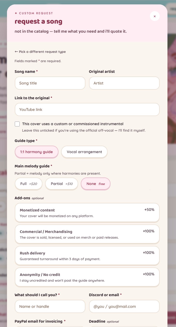 The custom-request form: song name, original artist, a link to the original with a checkbox for custom or commissioned instrumentals, guide type, the main-melody-guide tiers (full +$20, partial +$10, none free), the add-ons with their prices, and contact fields