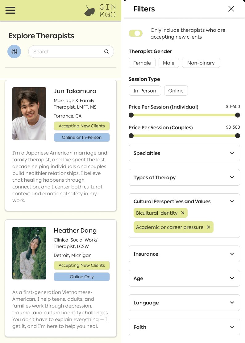 Two Ginkgo screens: an Explore Therapists directory with culturally-detailed therapist cards, and a filter panel with real cultural filters including a 'Cultural Perspectives and Values' section with selected chips