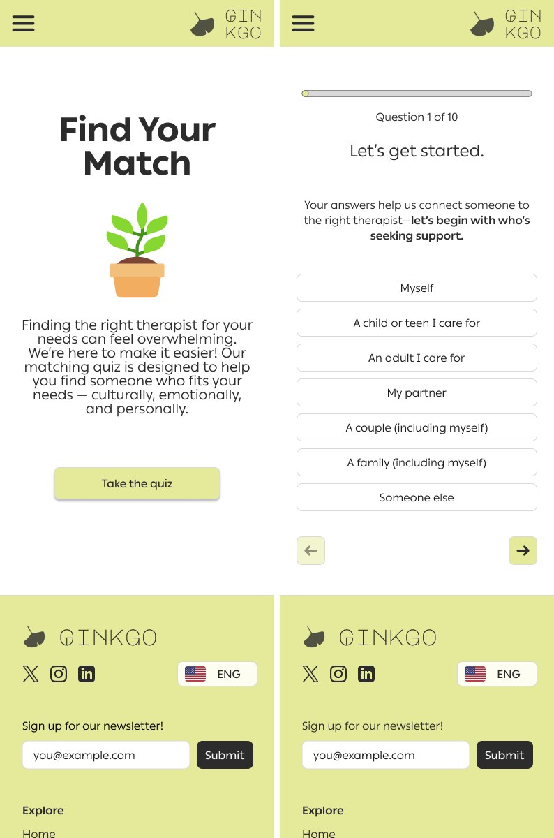 Two Ginkgo screens: a 'Find Your Match' intro with a potted-plant illustration, and the first question of a matching quiz asking who is seeking support
