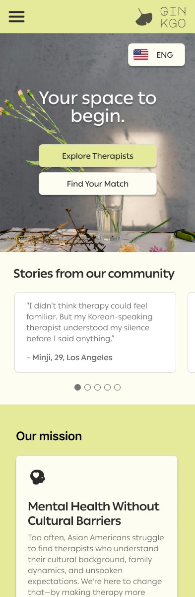 Ginkgo home screen — a calm sage landing with a ginkgo-leaf wordmark, the headline 'your space to begin,' and buttons for Explore Therapists and Find Your Match