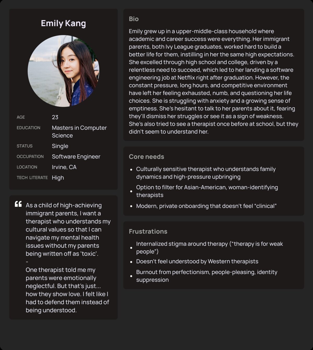 Persona: Emily Kang, 23, a software engineer and child of high-achieving immigrant parents, dealing with burnout and internalized stigma around therapy