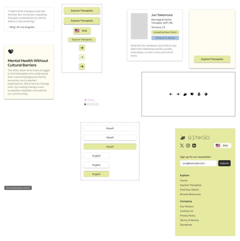 Ginkgo's component sheet — buttons, cards, a language toggle, a therapist card, testimonial cards, form fields, icons, and the sage footer