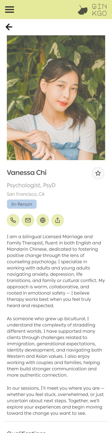 A Ginkgo therapist profile for Vanessa Chi, PsyD — leading with how she works and what a first session looks like, above credentials, specialties, languages, and logistics
