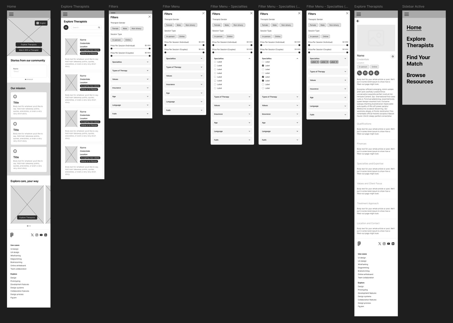 An overview board of low-fidelity wireframes for Ginkgo — home, explore therapists, filter menus, therapist profile, and an active sidebar