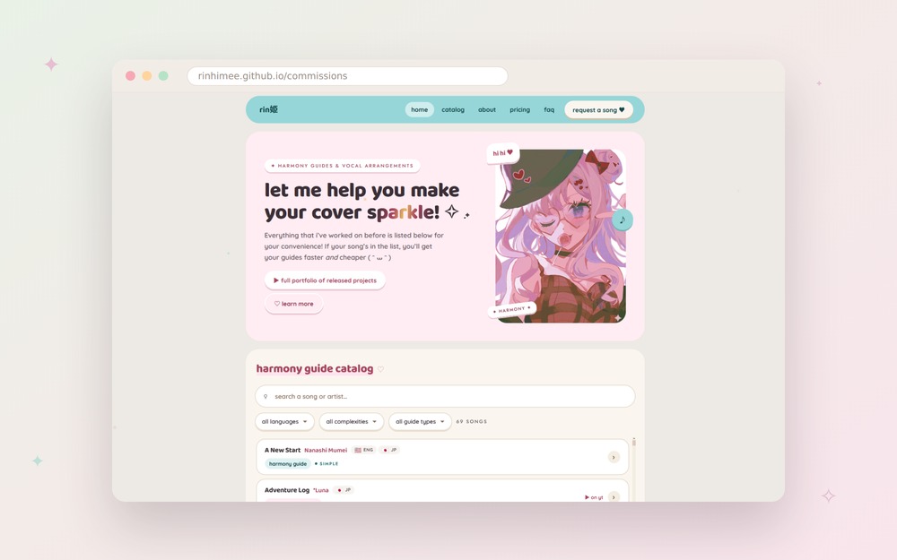 rin姫 commission site — harmony guide catalog with search and filters