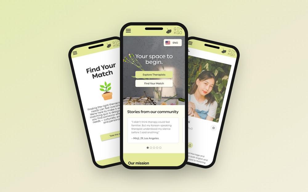Ginkgo therapist-matching app screens