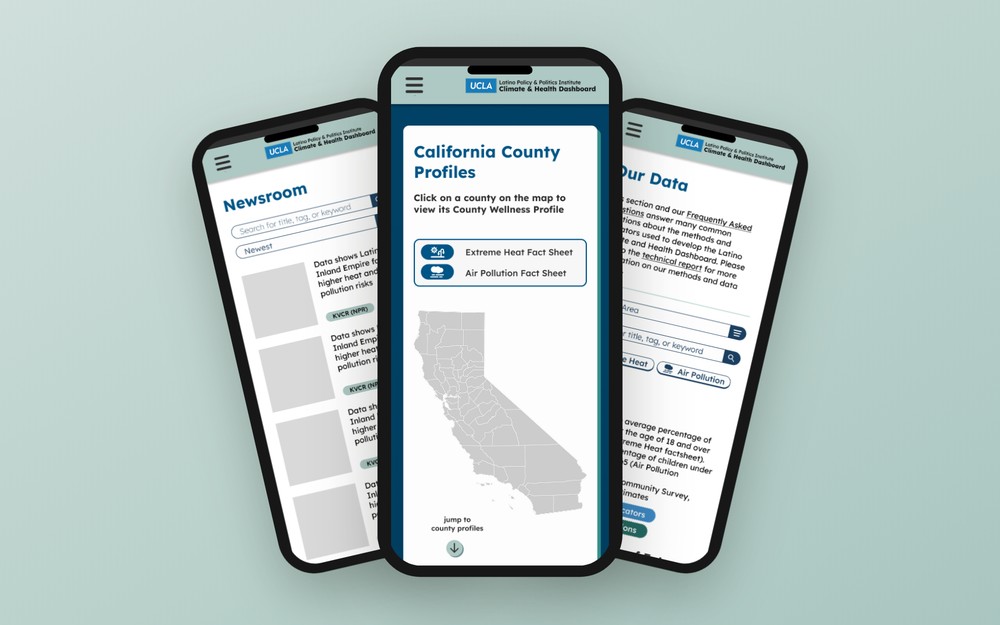 Latino Climate & Health Dashboard — mobile mockups of the research, newsroom, and data pages