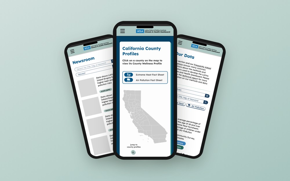 Latino Climate & Health Dashboard — mobile mockups of the research, newsroom, and data pages