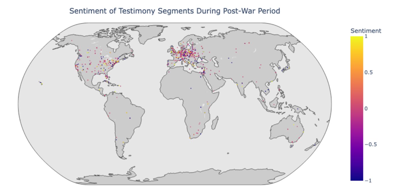 World map plotting the sentiment of testimony segments during the post-war period, each geocoded place colored on a sentiment scale from -1 to 1
