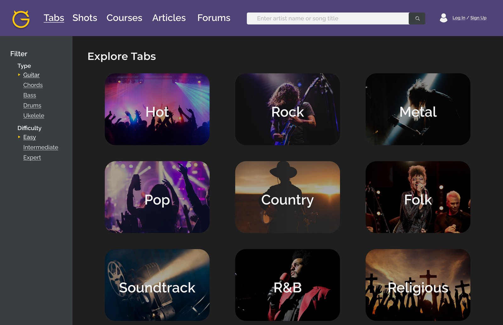 The redesigned homepage: a purple header with search, a sidebar filtering by tab type and difficulty, and large genre panels for exploring tabs
