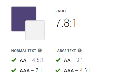 Contrast check for the adjusted header color: ratio 7.8:1, passing AA and AAA for both normal and large text