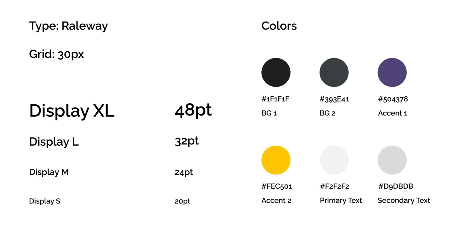 The redesign's design system — Raleway type scale and a color palette with hex values
