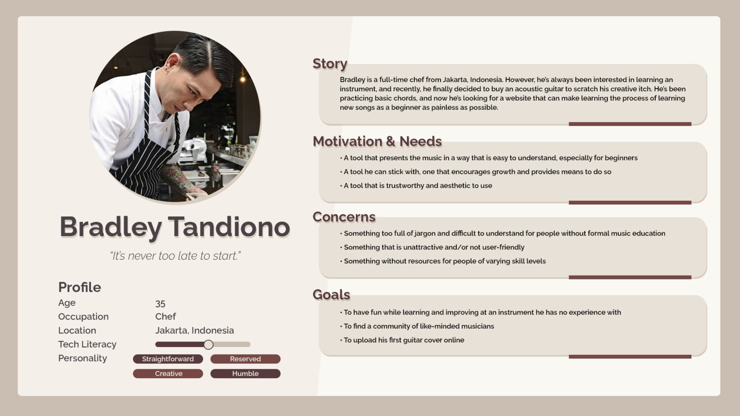 Persona: Bradley Tandiono, 35, a chef from Jakarta learning acoustic guitar who wants a beginner-friendly, aesthetic tool