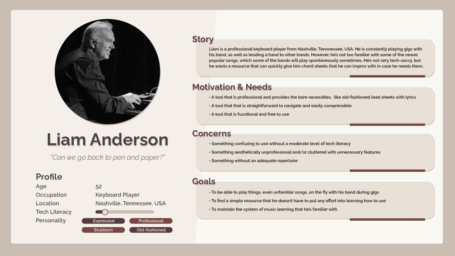 Persona: Liam Anderson, 52, a professional keyboard player from Nashville who is tech-averse and wants simple lead sheets