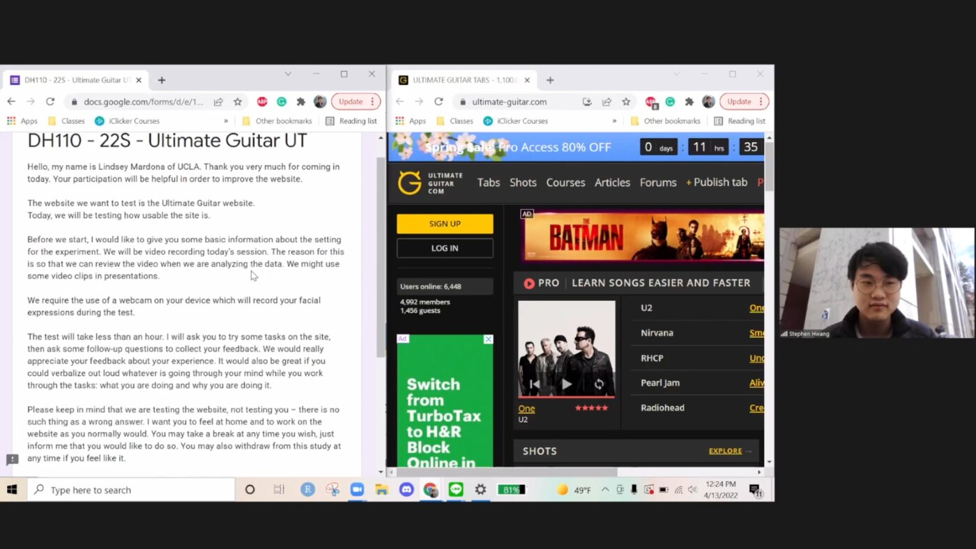 A remote usability-test session: the moderator script in one window, the Ultimate Guitar site in another, and the participant on webcam